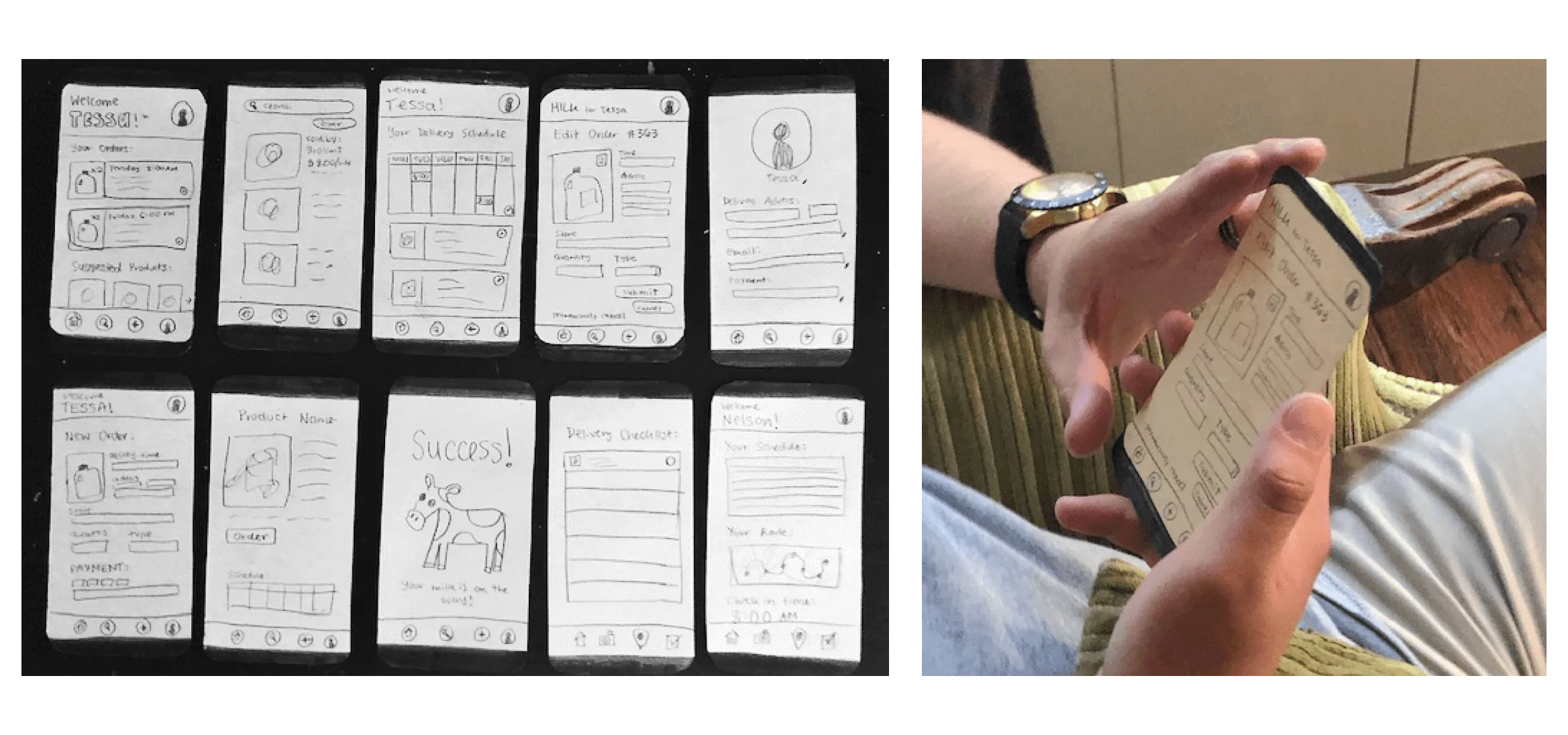 Images of paper wireframes and people using them